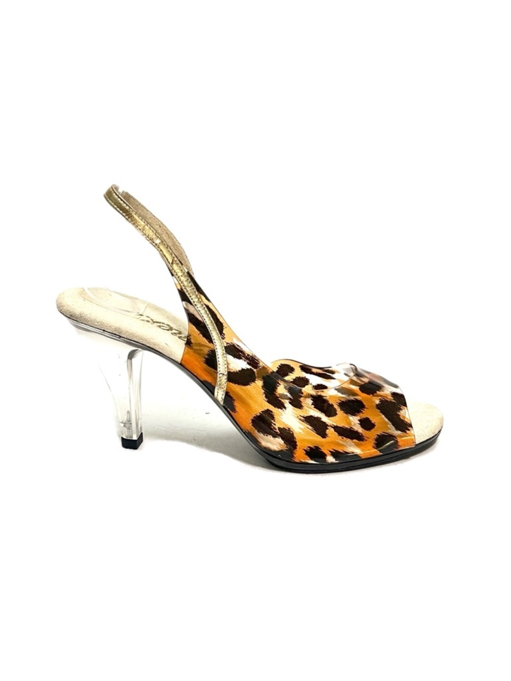 Vintage 1980s leopard print vinyl gold leather accent lucite heel slingbacks